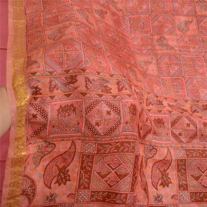 Sanskriti Vintage Sarees Pink Zari Border Ren Silke Trykt Sari Håndværk Bæredygtigt Stoff