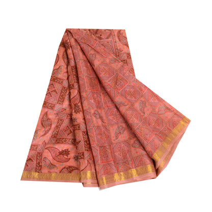 Sanskriti Vintage Sarees Pink Zari Border Ren Silke Trykt Sari Håndværk Bæredygtigt Stoff