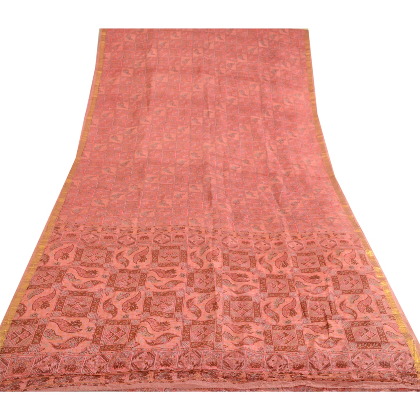 Sanskriti Vintage Sarees Pink Zari Border Ren Silke Trykt Sari Håndværk Bæredygtigt Stoff