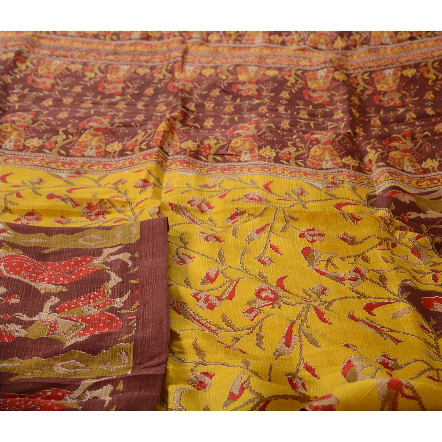 Sanskriti Vintage Sarees Yellow/Brown Women Printed Pure Silk Sari Craft Sustainable Fabric