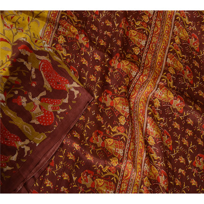 Sanskriti Vintage Sarees Yellow/Brown Women Printed Pure Silk Sari Craft Sustainable Fabric