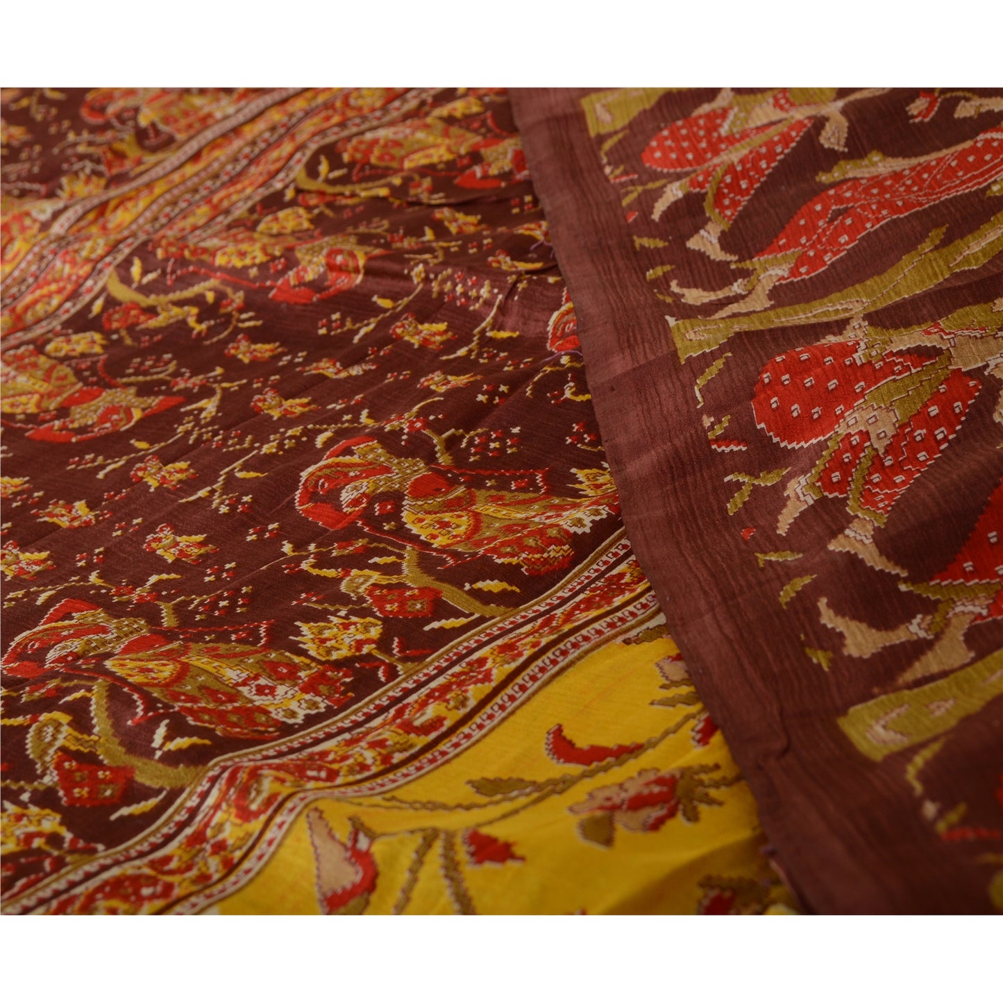 Sanskriti Vintage Sarees Yellow/Brown Women Printed Pure Silk Sari Craft Sustainable Fabric