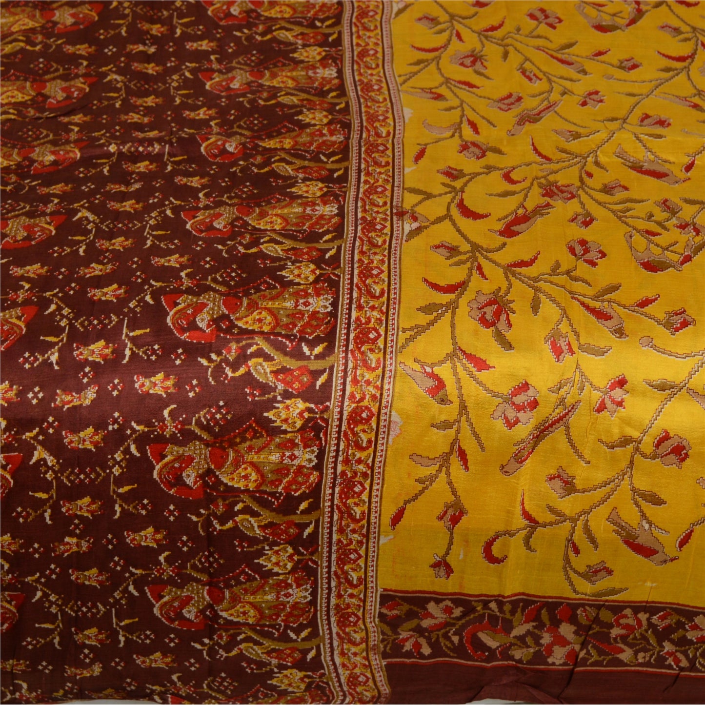 Sanskriti Vintage Sarees Yellow/Brown Women Printed Pure Silk Sari Craft Sustainable Fabric