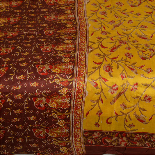 Sanskriti Vintage Sarees Yellow/Brown Women Printed Pure Silk Sari Craft Sustainable Fabric