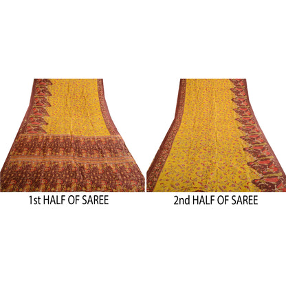 Sanskriti Vintage Sarees Yellow/Brown Women Printed Pure Silk Sari Craft Sustainable Fabric