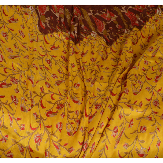 Sanskriti Vintage Sarees Yellow/Brown Women Printed Pure Silk Sari Craft Sustainable Fabric
