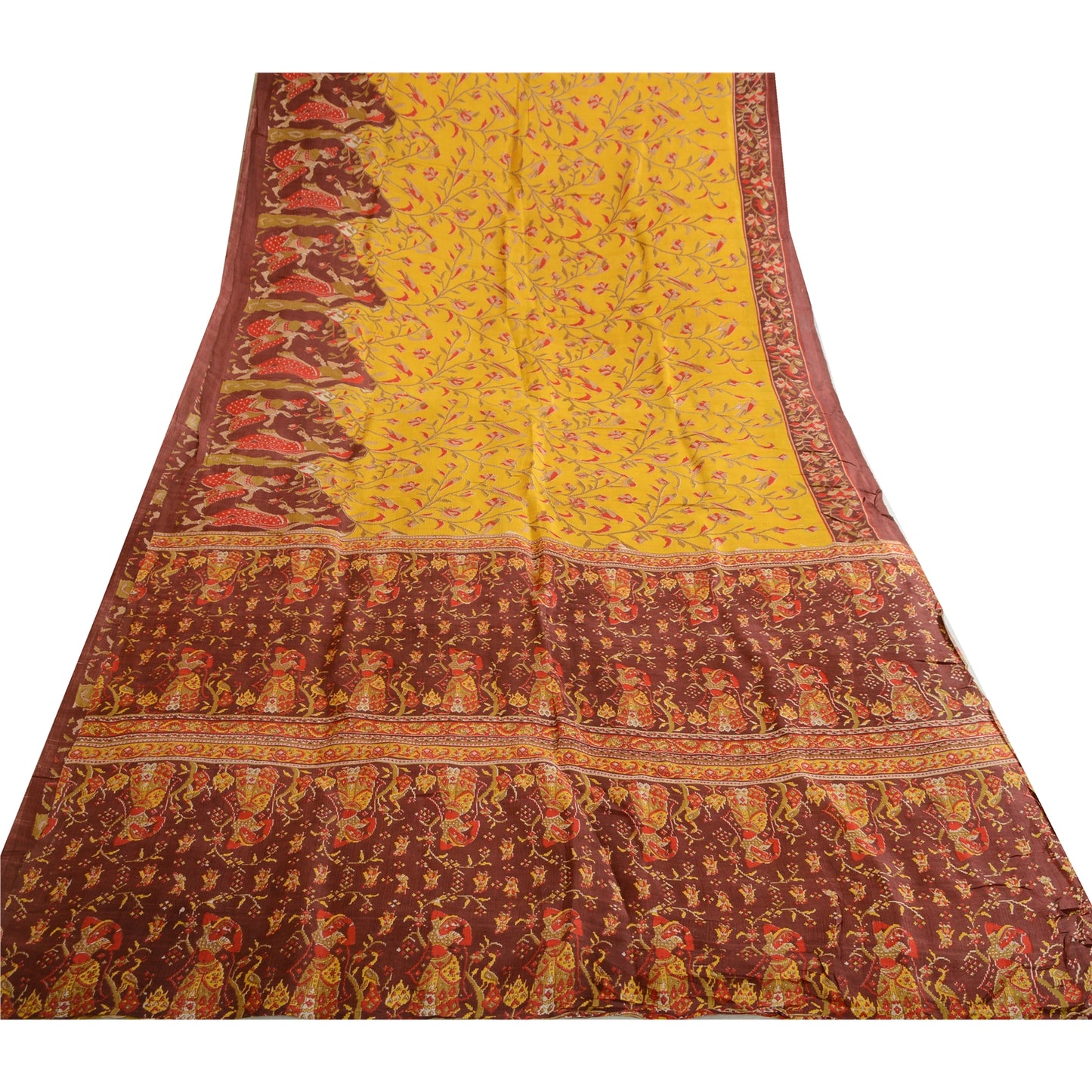 Sanskriti Vintage Sarees Yellow/Brown Women Printed Pure Silk Sari Craft Sustainable Fabric