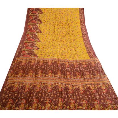 Sanskriti Vintage Sarees Yellow/Brown Women Printed Pure Silk Sari Craft Sustainable Fabric
