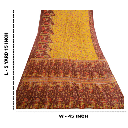 Sanskriti Vintage Sarees Yellow/Brown Women Printed Pure Silk Sari Craft Sustainable Fabric
