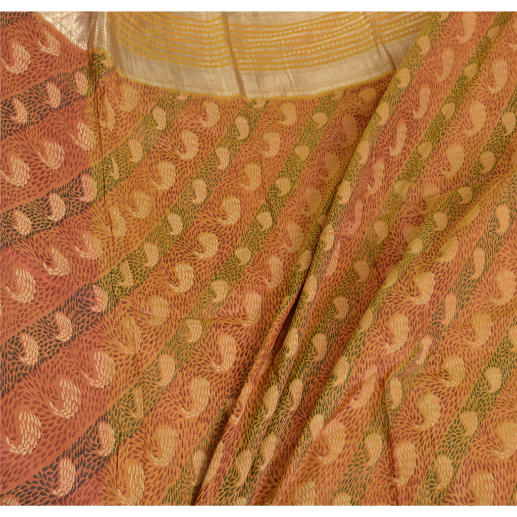 Sanskriti Vintage Sarees Multi Zari Brocade Printed Pure Silk Sari Craft Sustainable Fabric