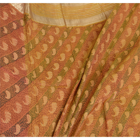 Sanskriti Vintage Sarees Multi Zari Brocade Printed Pure Silk Sari Craft Sustainable Fabric