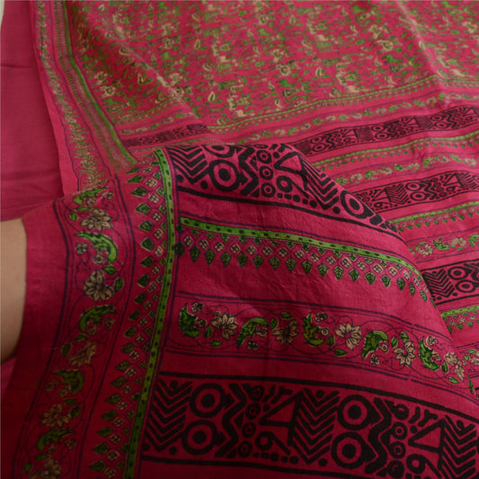 Sanskriti Vintage Sarees From India Hot-Pink Print Pure Silk Sari Craft Sustainable Fabric