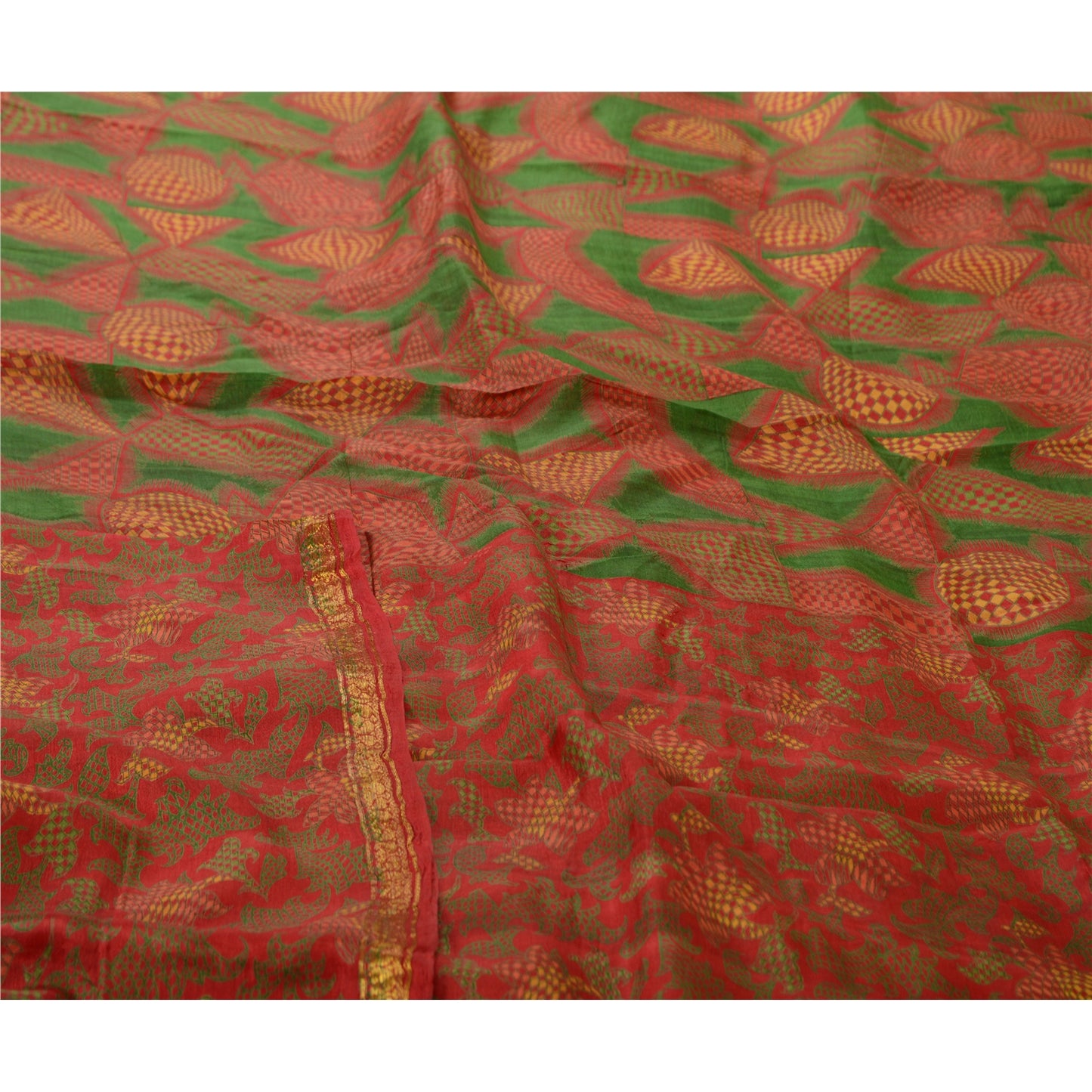 Sanskriti Vintage Sarees Red Zari Border Pure Silk Printed Sari Craft Sustainable Fabric
