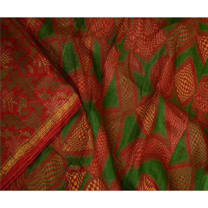 Sanskriti Vintage Sarees Red Zari Border Pure Silk Printed Sari Craft Sustainable Fabric