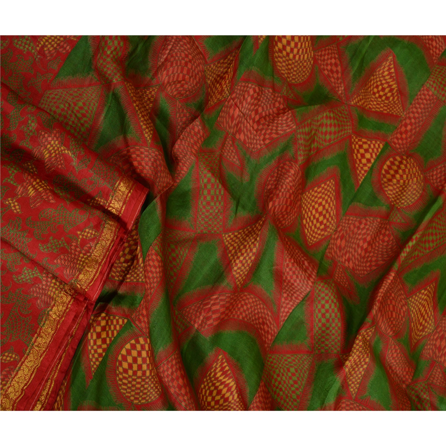 Sanskriti Vintage Sarees Red Zari Border Pure Silk Printed Sari Craft Sustainable Fabric