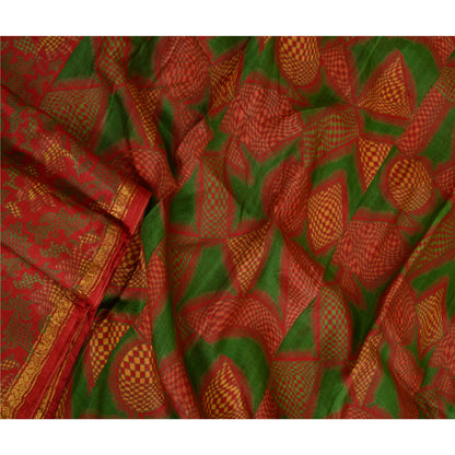 Sanskriti Vintage Sarees Red Zari Border Pure Silk Printed Sari Craft Sustainable Fabric