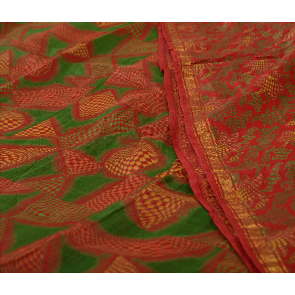 Sanskriti Vintage Sarees Red Zari Border Pure Silk Printed Sari Craft Sustainable Fabric