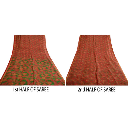 Sanskriti Vintage Sarees Red Zari Border Pure Silk Printed Sari Craft Sustainable Fabric