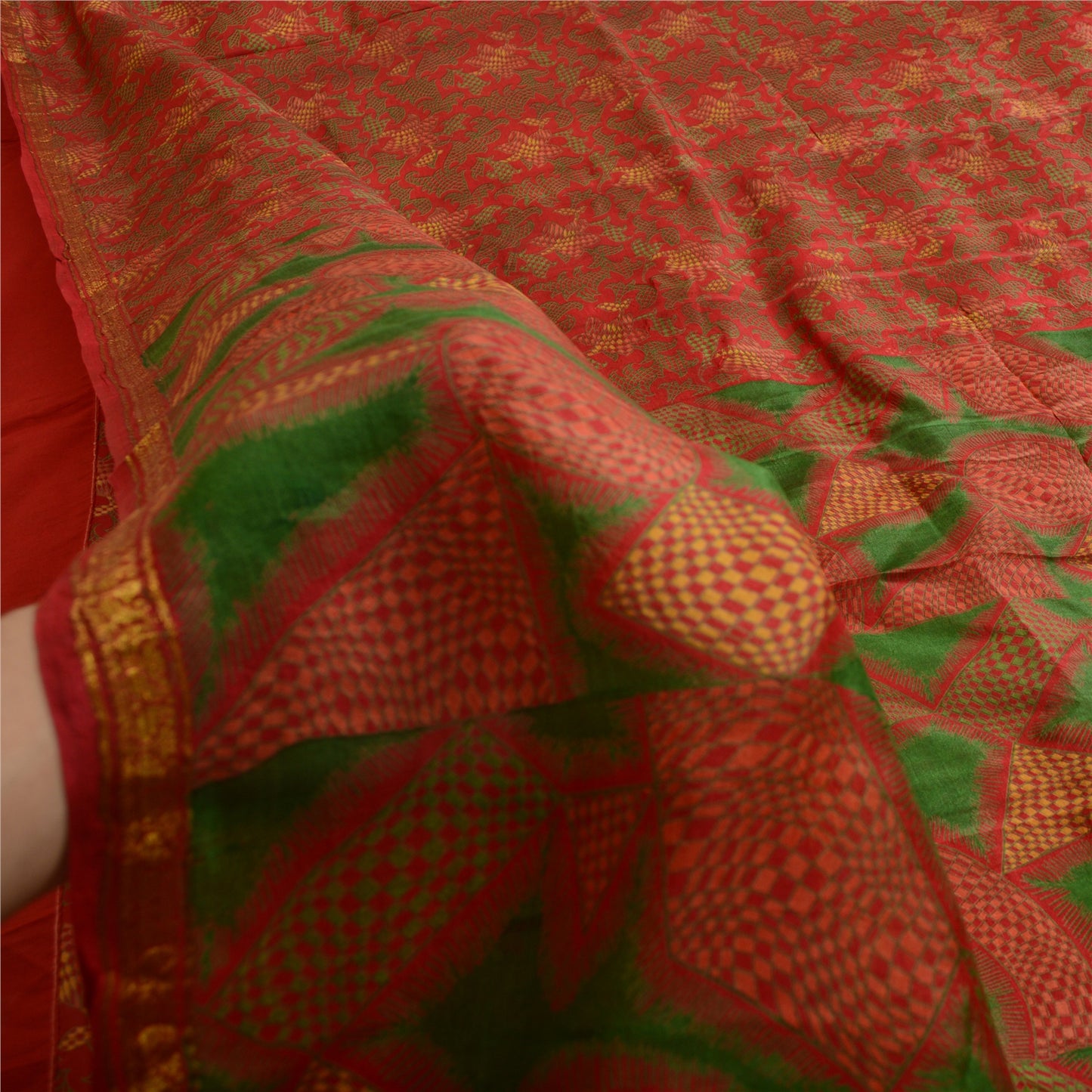 Sanskriti Vintage Sarees Red Zari Border Pure Silk Printed Sari Craft Sustainable Fabric