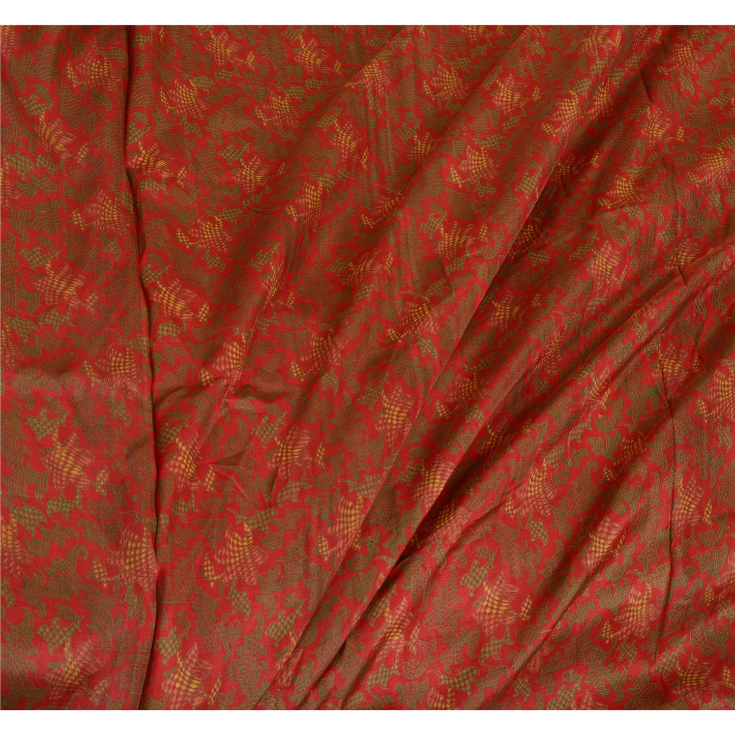 Sanskriti Vintage Sarees Red Zari Border Pure Silk Printed Sari Craft Sustainable Fabric