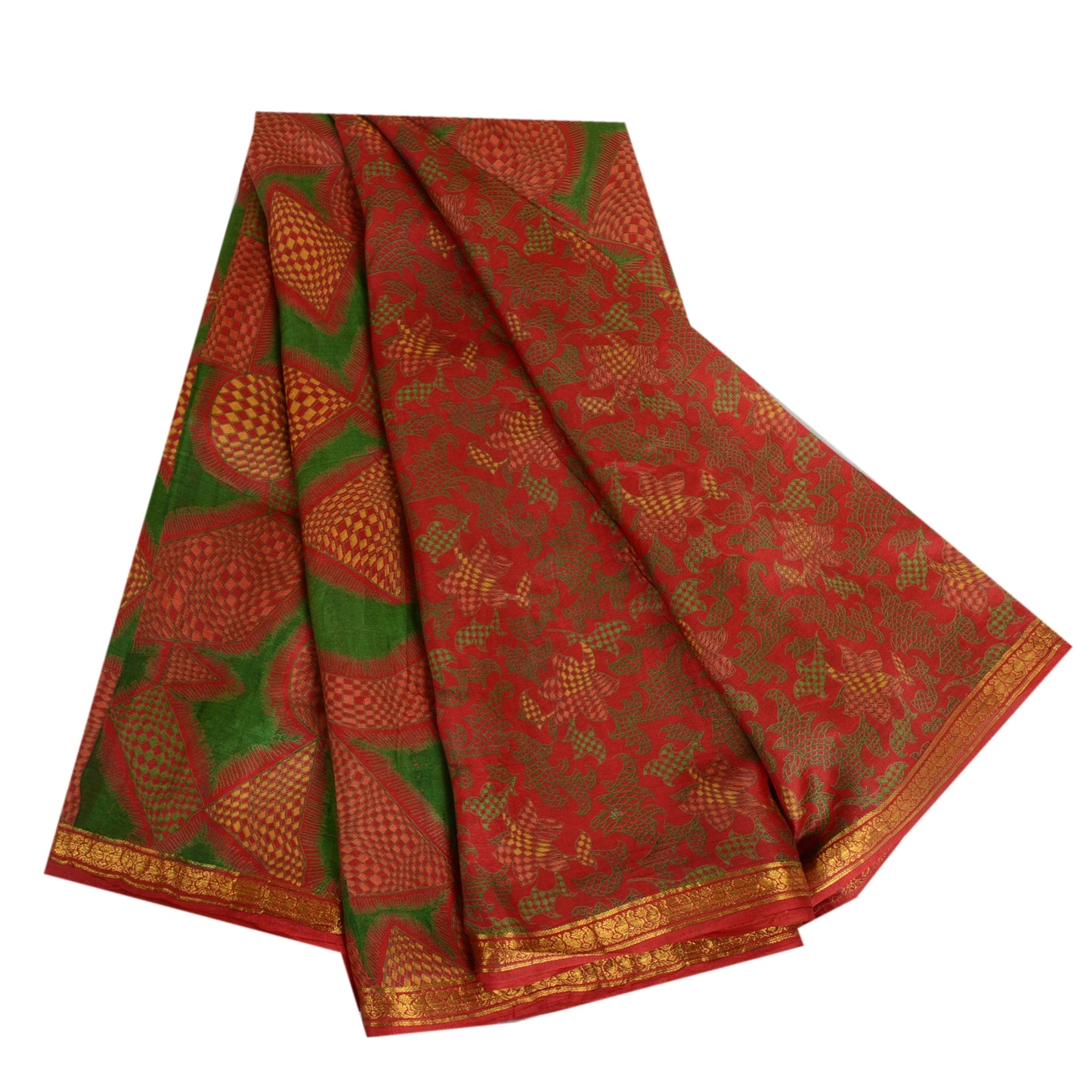 Sanskriti Vintage Sarees Red Zari Border Pure Silk Printed Sari Craft Sustainable Fabric