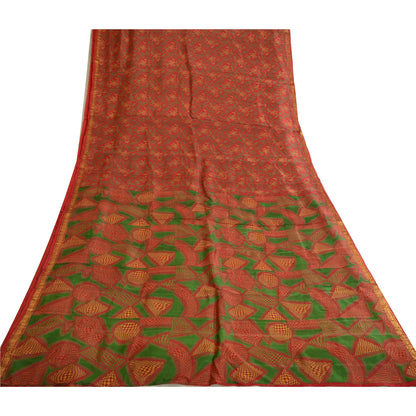 Sanskriti Vintage Sarees Red Zari Border Pure Silk Printed Sari Craft Sustainable Fabric