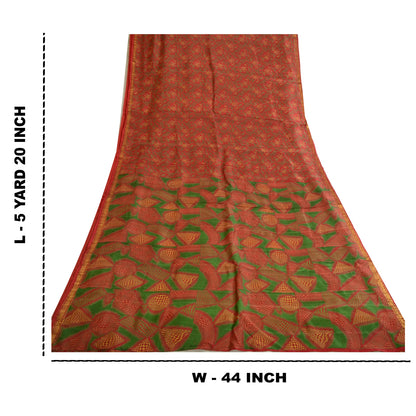 Sanskriti Vintage Sarees Red Zari Border Pure Silk Printed Sari Craft Sustainable Fabric