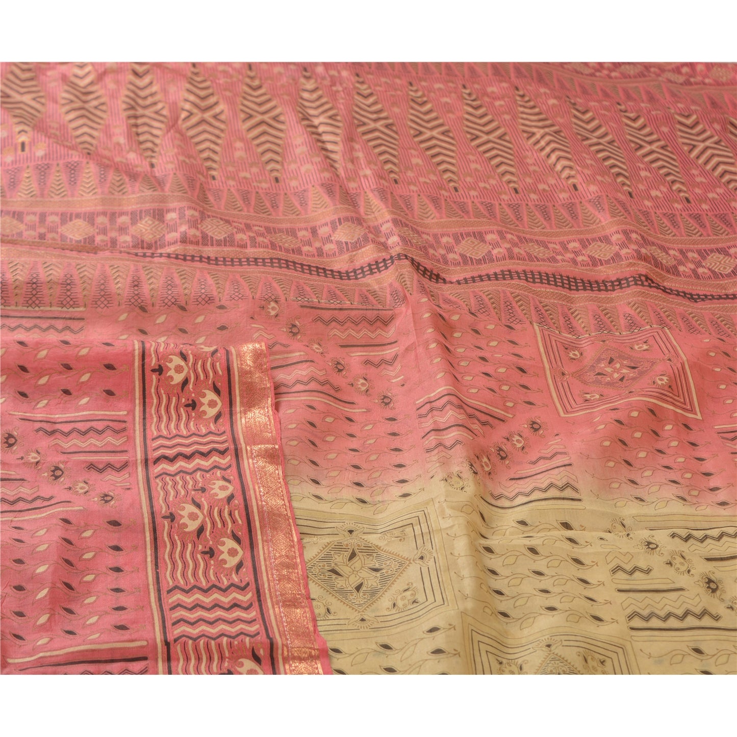 Sanskriti Vintage Sarees Cremefarvet/Pink Zari Kant Ren Silke Trykt Sari Bæredygtigt Stof