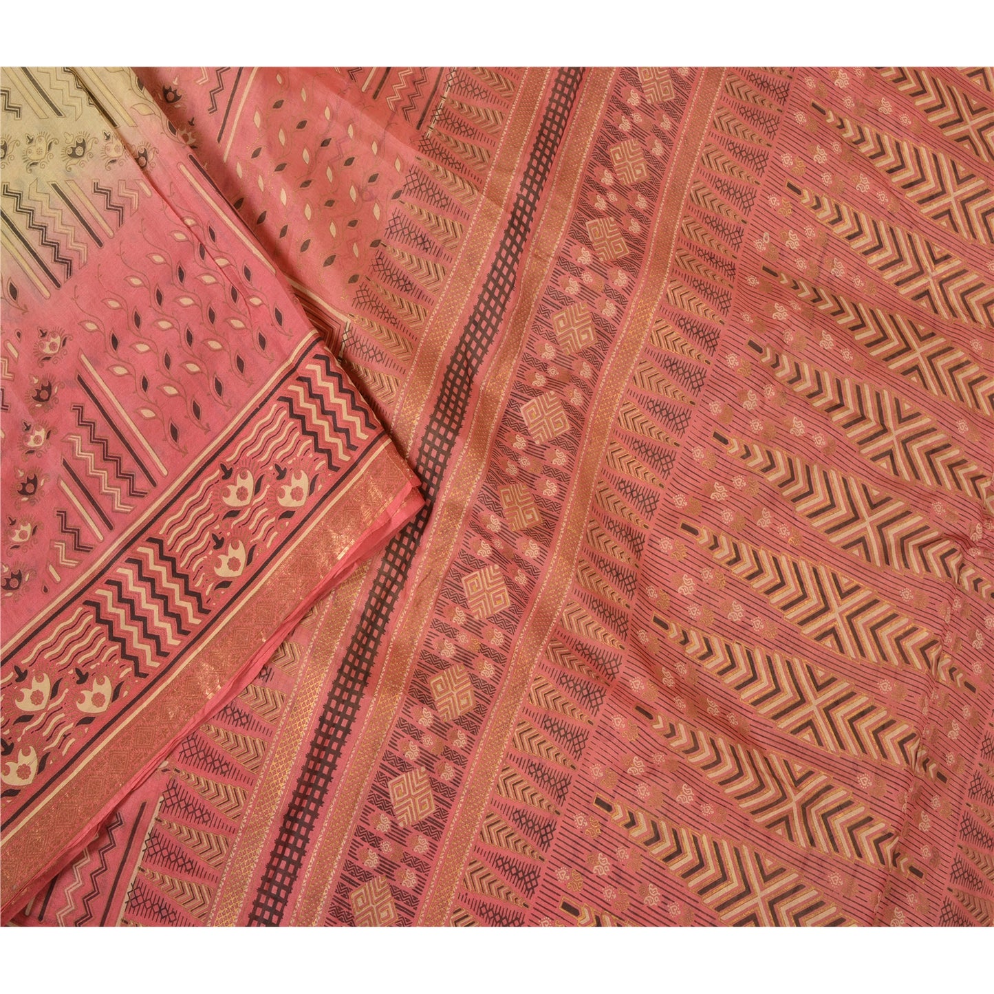 Sanskriti Vintage Sarees Cremefarvet/Pink Zari Kant Ren Silke Trykt Sari Bæredygtigt Stof
