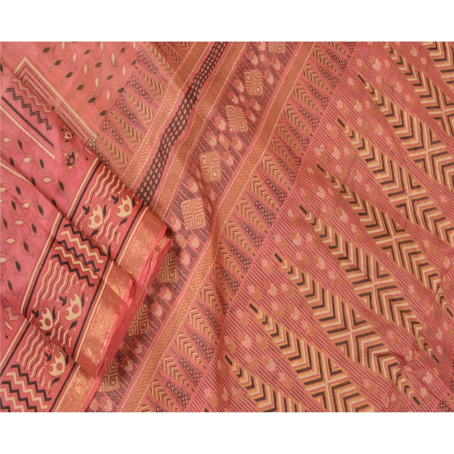 Sanskriti Vintage Sarees Cremefarvet/Pink Zari Kant Ren Silke Trykt Sari Bæredygtigt Stof