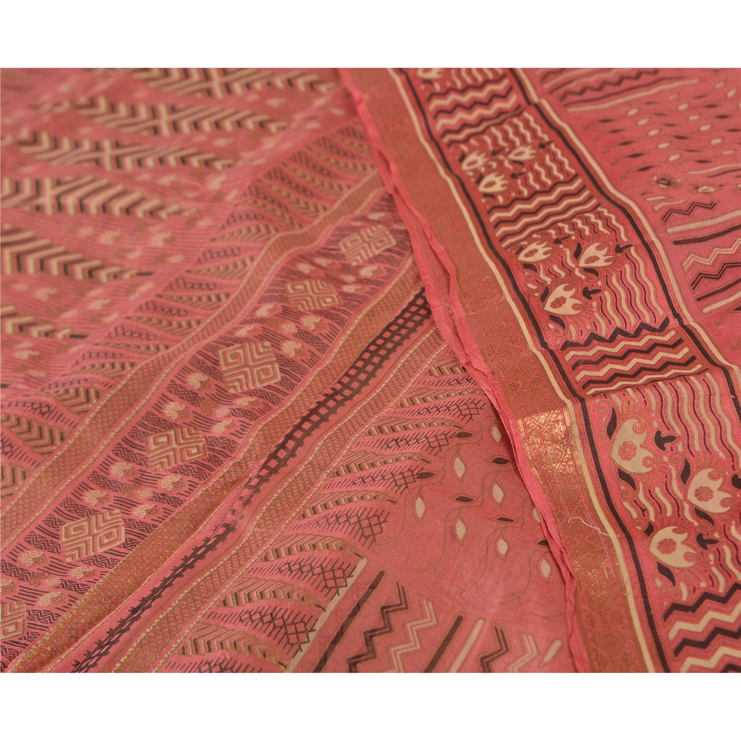 Sanskriti Vintage Sarees Cremefarvet/Pink Zari Kant Ren Silke Trykt Sari Bæredygtigt Stof