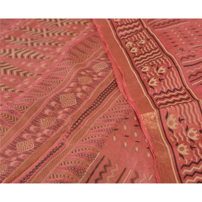 Sanskriti Vintage Sarees Cremefarvet/Pink Zari Kant Ren Silke Trykt Sari Bæredygtigt Stof