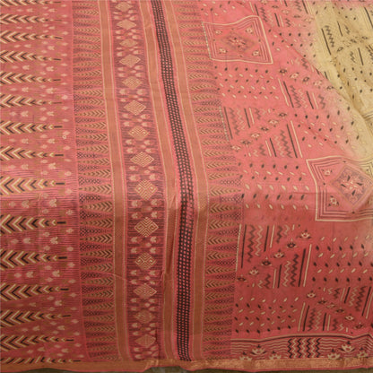 Sanskriti Vintage Sarees Cremefarvet/Pink Zari Kant Ren Silke Trykt Sari Bæredygtigt Stof