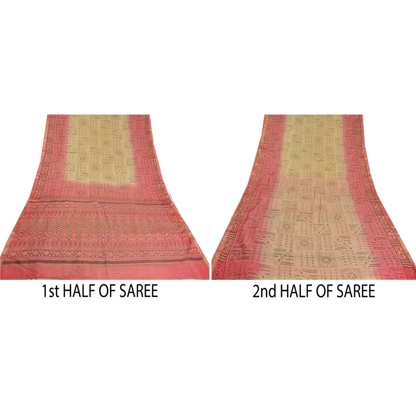 Sanskriti Vintage Sarees Cremefarvet/Pink Zari Kant Ren Silke Trykt Sari Bæredygtigt Stof