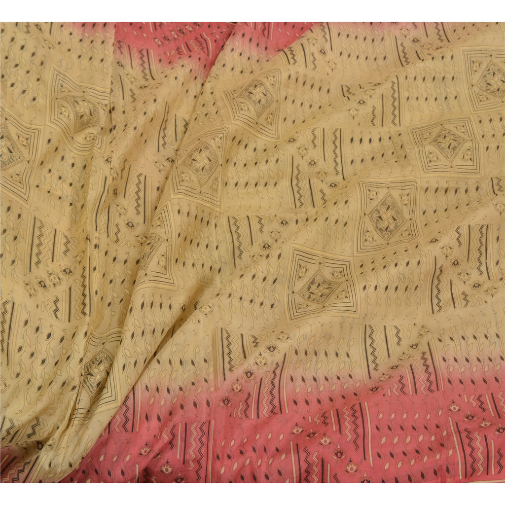 Sanskriti Vintage Sarees Cremefarvet/Pink Zari Kant Ren Silke Trykt Sari Bæredygtigt Stof