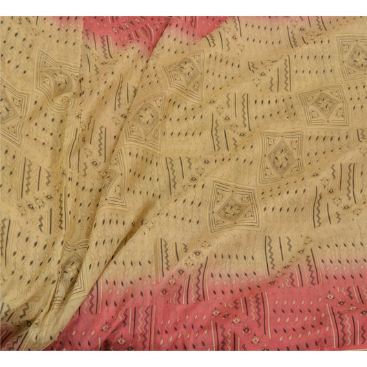Sanskriti Vintage Sarees Cream/Pink Zari Border Pure Silk Printed Sari Sustainable Fabric