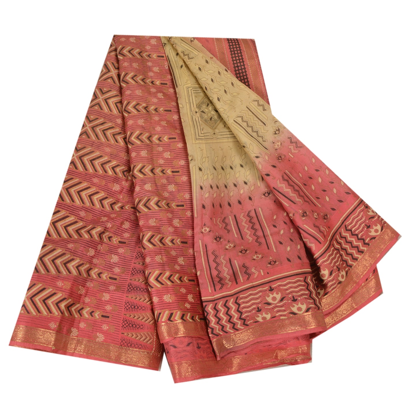 Sanskriti Vintage Sarees Cremefarvet/Pink Zari Kant Ren Silke Trykt Sari Bæredygtigt Stof