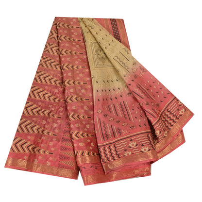 Sanskriti Vintage Sarees Cremefarvet/Pink Zari Kant Ren Silke Trykt Sari Bæredygtigt Stof