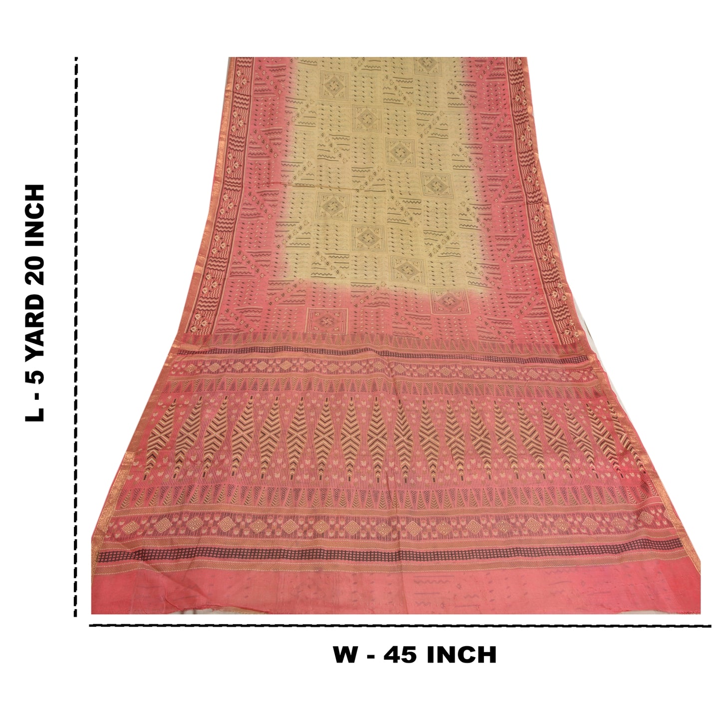 Sanskriti Vintage Sarees Cremefarvet/Pink Zari Kant Ren Silke Trykt Sari Bæredygtigt Stof