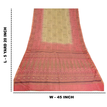 Sanskriti Vintage Sarees Cremefarvet/Pink Zari Kant Ren Silke Trykt Sari Bæredygtigt Stof