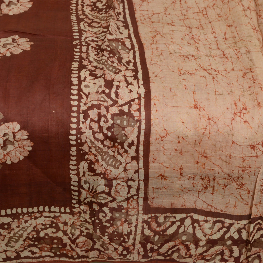 Sanskriti Vintage Sarees Cream/Brown Batik Printed Pure Silk Sari Craft Fabric