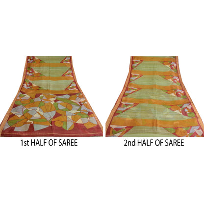 Sanskriti Vintage Sarees Indian Green Pure Silk Printed Sari 5 YD Craft Sustainable Fabric