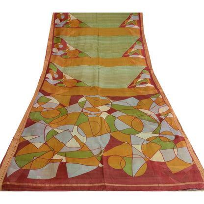 Sanskriti Vintage Sarees Indian Green Pure Silk Printed Sari 5 YD Craft Sustainable Fabric