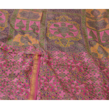 Sanskriti Vintage Sarees Pink Zari Border Pure Silk Printed Sari Craft Sustainable Fabric