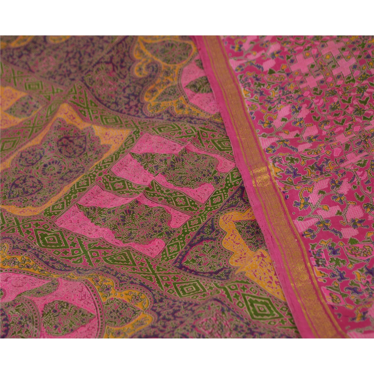 Sanskriti Vintage Sarees Pink Zari Border Pure Silk Printed Sari Craft Sustainable Fabric
