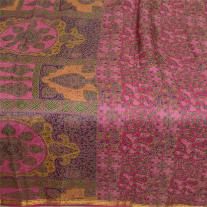 Sanskriti Vintage Sarees Pink Zari Border Pure Silk Printed Sari Craft Sustainable Fabric