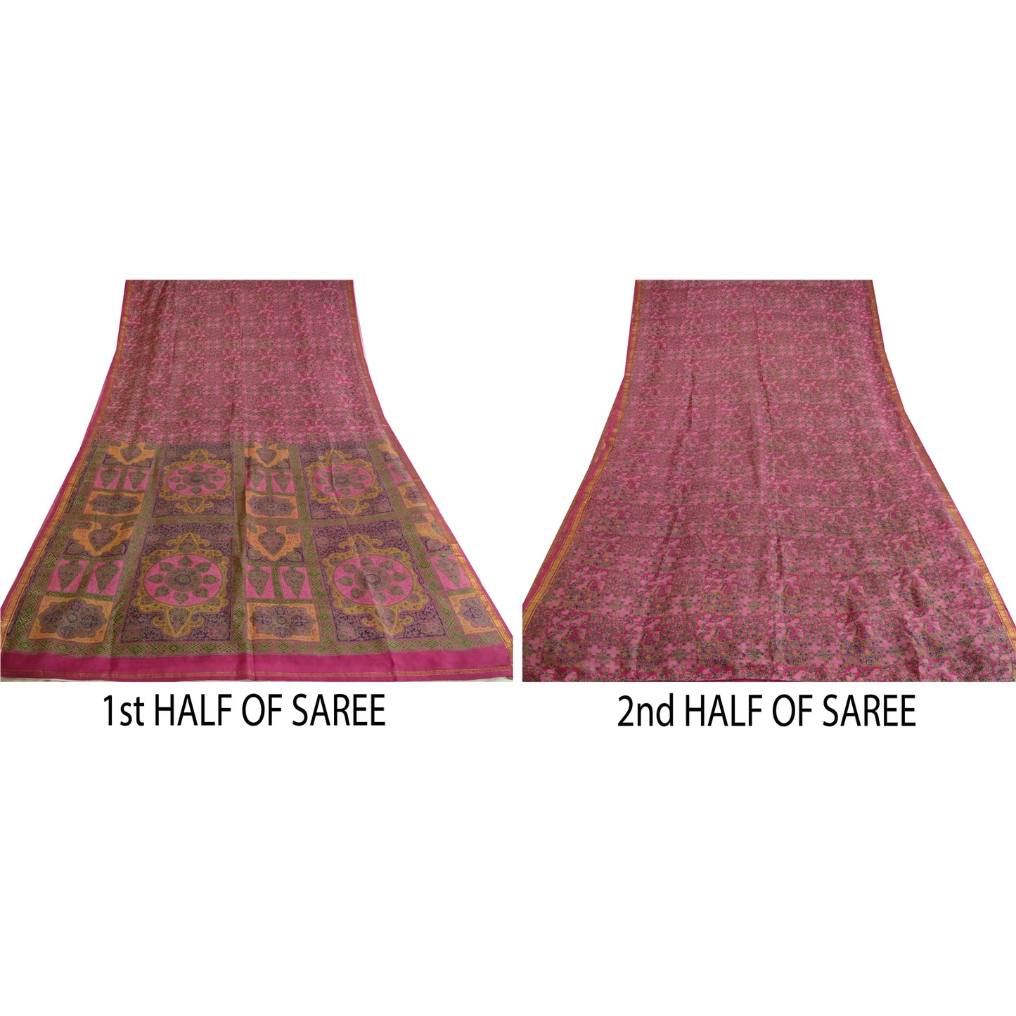 Sanskriti Vintage Sarees Pink Zari Border Pure Silk Printed Sari Craft Sustainable Fabric