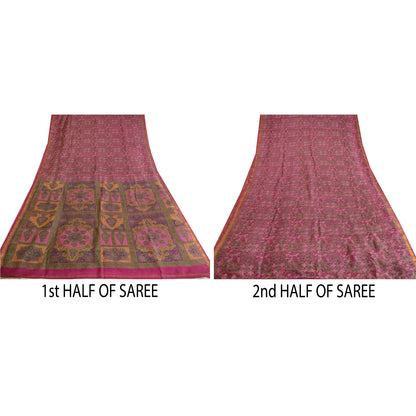 Sanskriti Vintage Sarees Pink Zari Border Pure Silk Printed Sari Craft Sustainable Fabric
