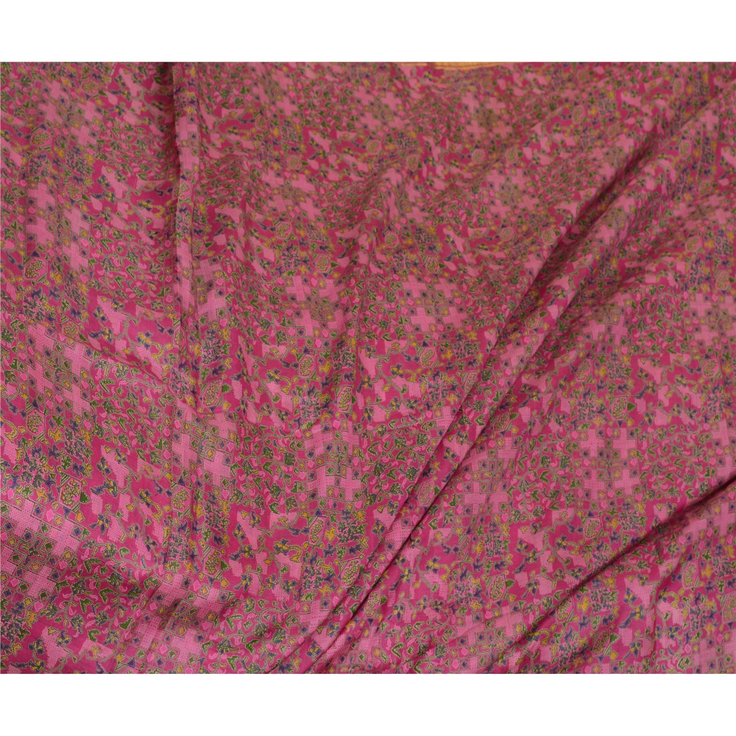 Sanskriti Vintage Sarees Pink Zari Border Pure Silk Printed Sari Craft Sustainable Fabric