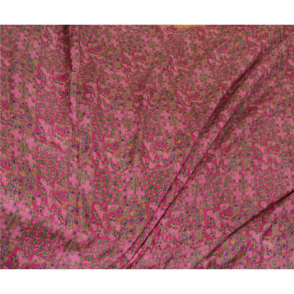 Sanskriti Vintage Sarees Pink Zari Border Pure Silk Printed Sari Craft Sustainable Fabric